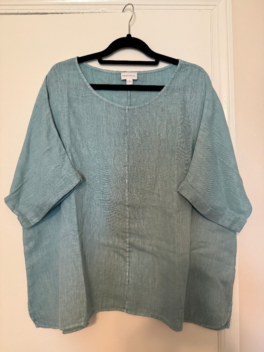 Breezy 100% linen JJill (pure Jill) short sleeve top. Cool teal/green, size L.